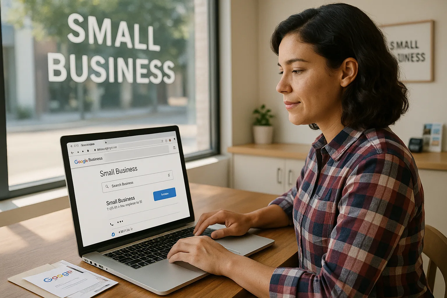 Small business owner verifying her Google Business Profile on a laptop in-store.