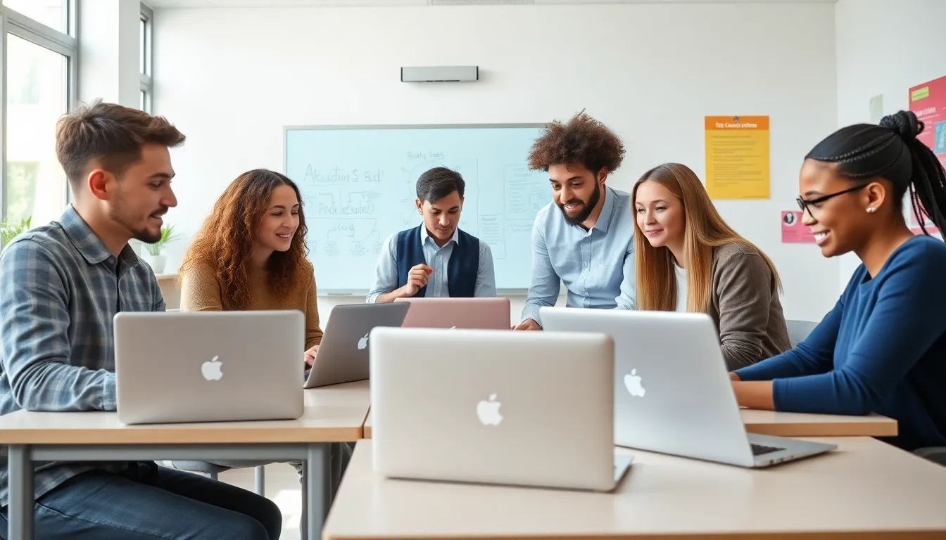 students collaborating in a modern classroom with laptops.