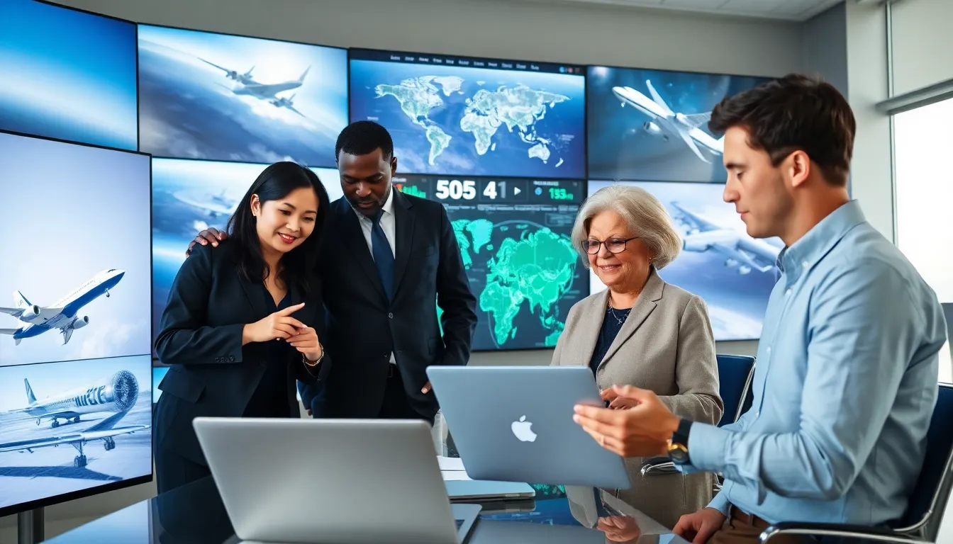 diverse team discussing aviation and space technology in a modern newsroom.