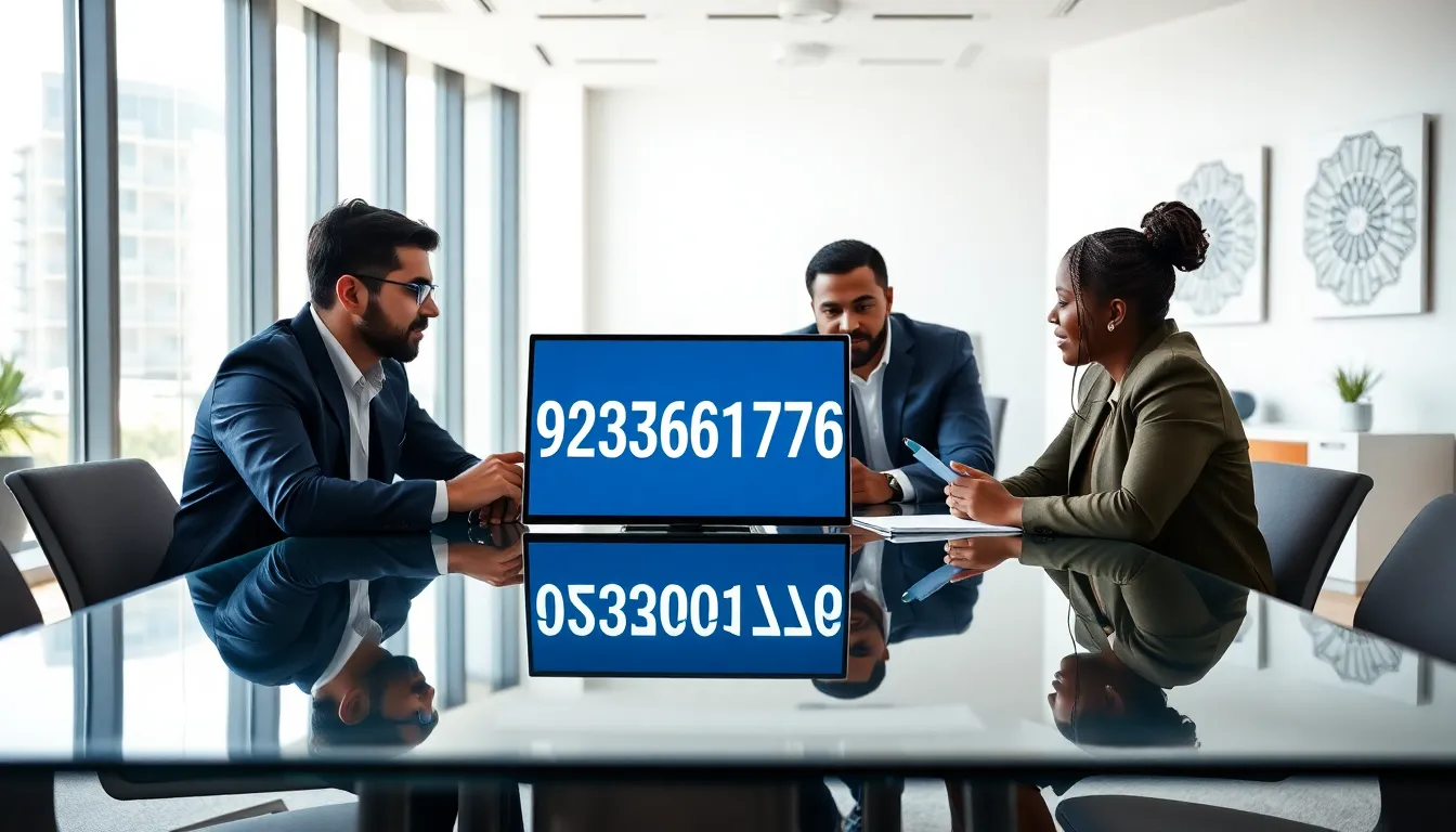 diverse team discussing a number in a modern office setting.