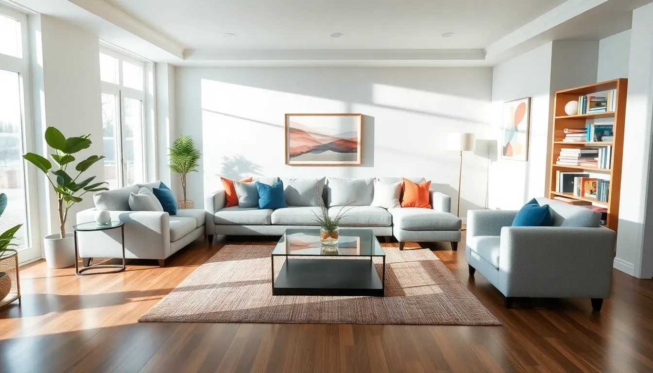 a modern living room with stylish furniture and natural light.