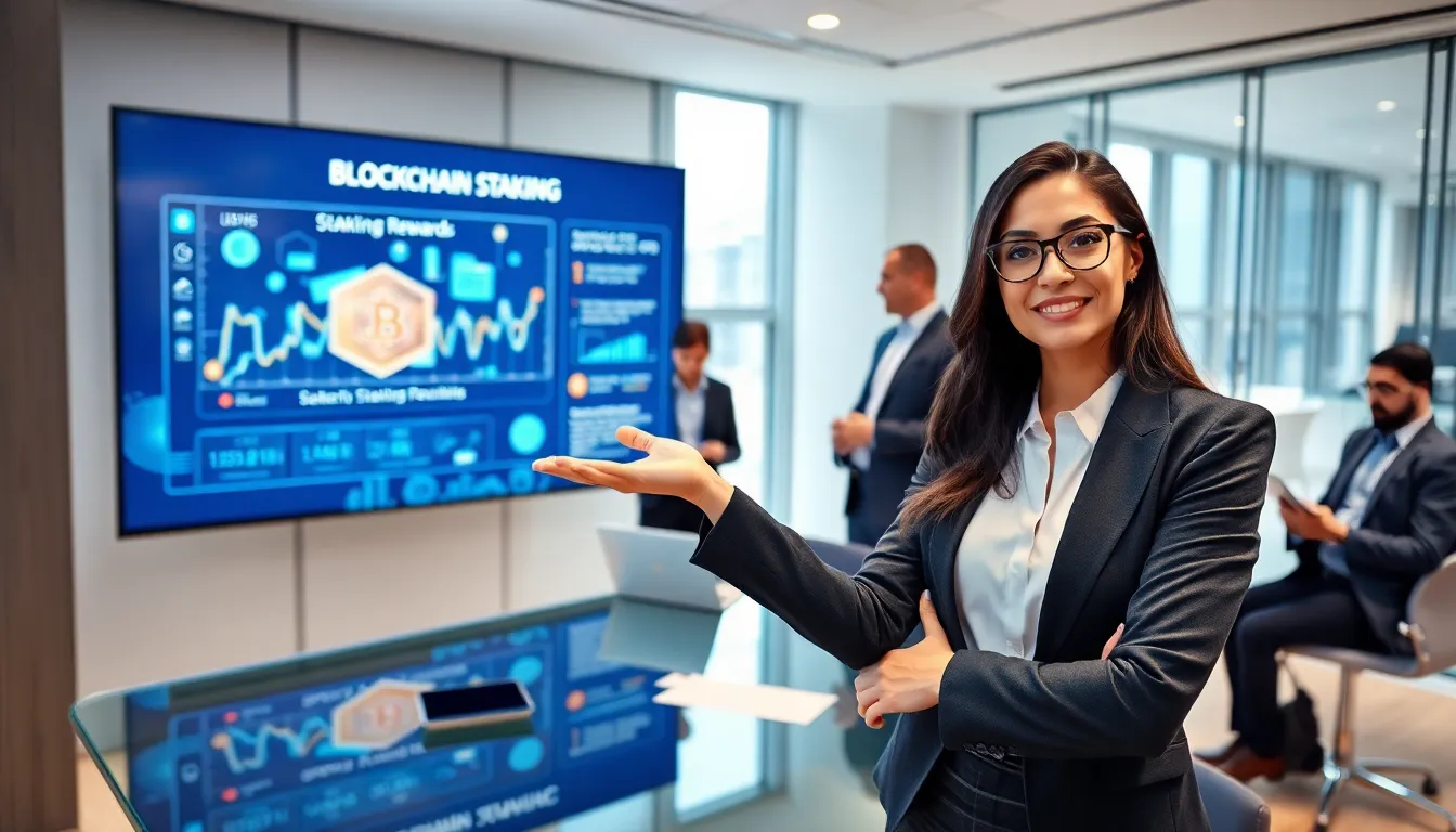 professionals discussing blockchain staking in a modern conference room.