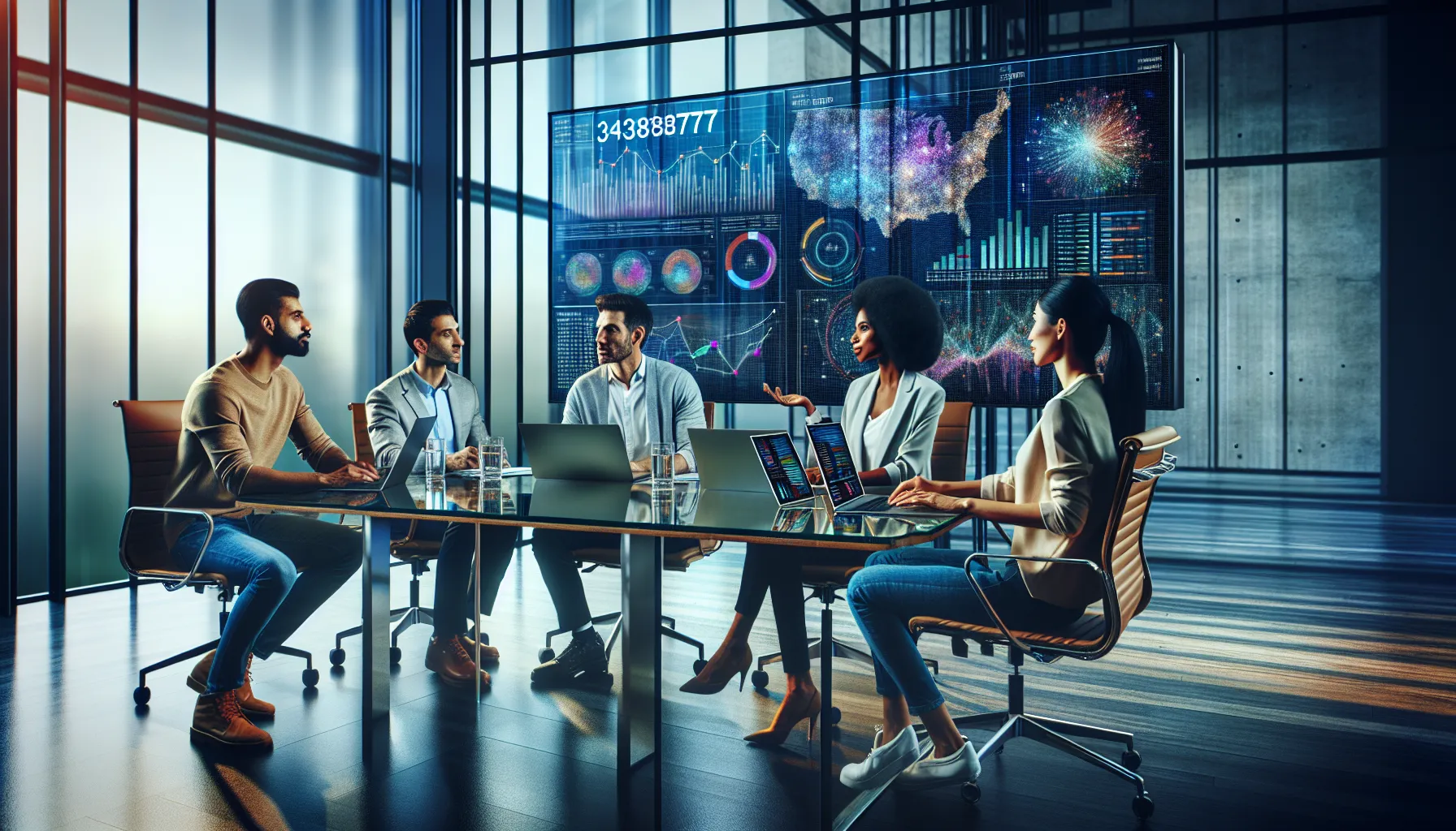 diverse team of analysts discussing data in a modern office.