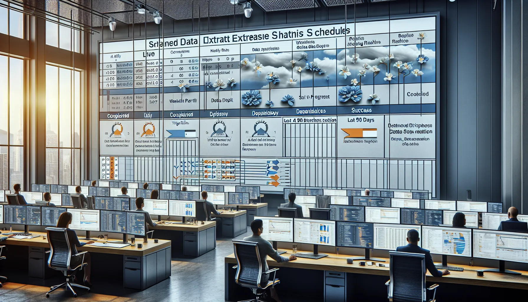 Analytics team managing Tableau extract refresh schedules on modern dashboard displays.