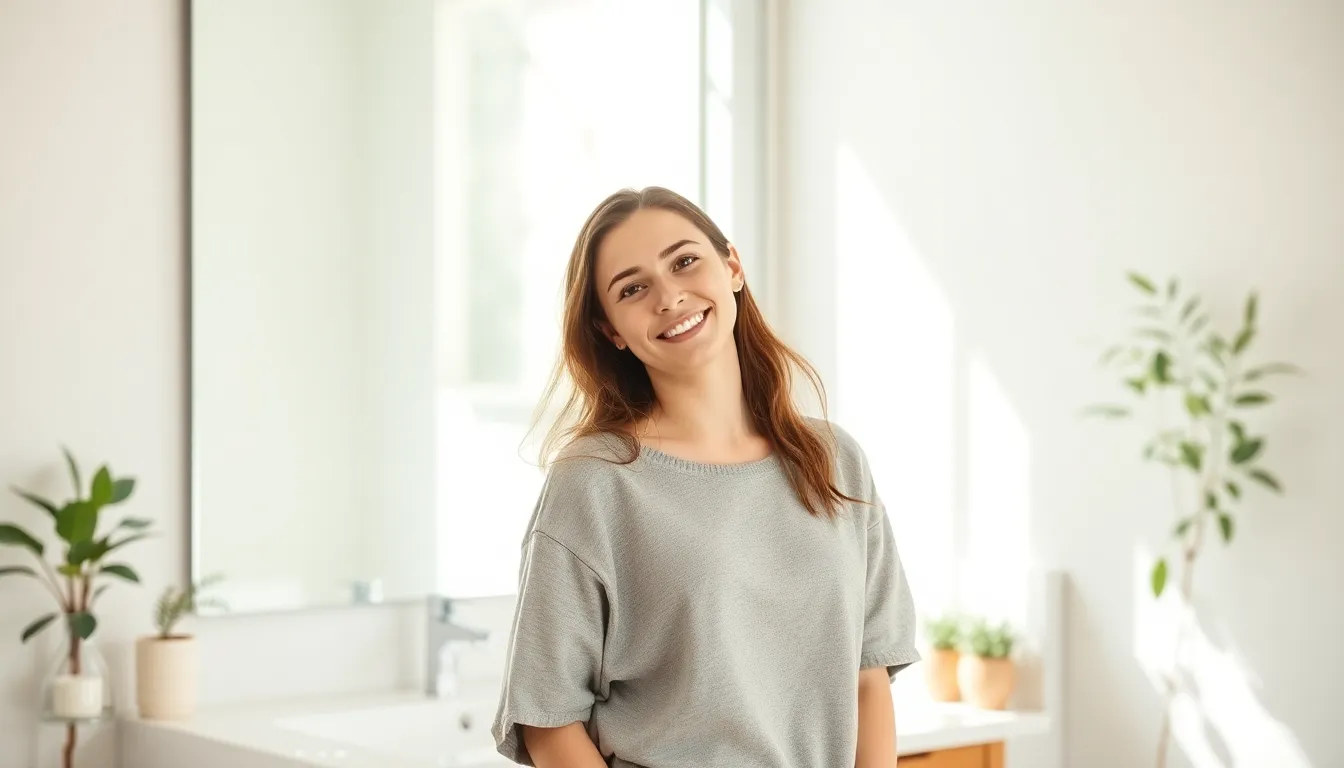 young woman smiling at her clear skin in a bright bathroom.
