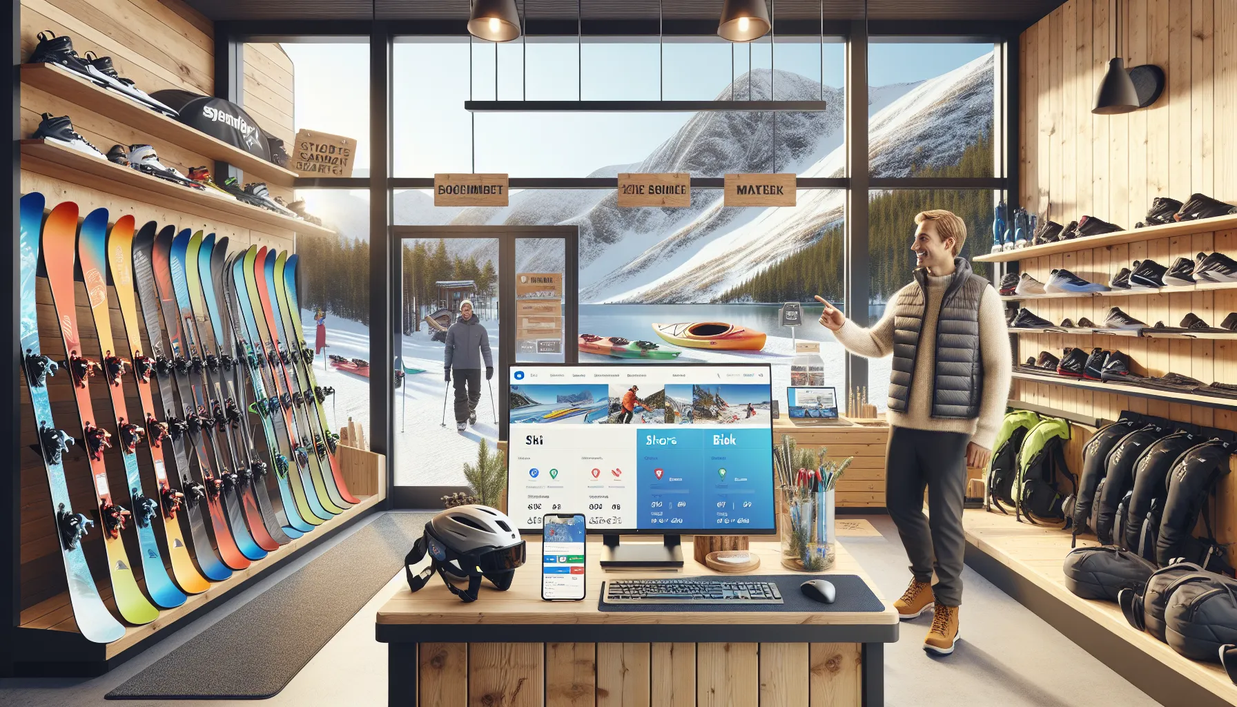 Norwegian sports rental shop showing easy online booking for skis, bikes and kayaks.