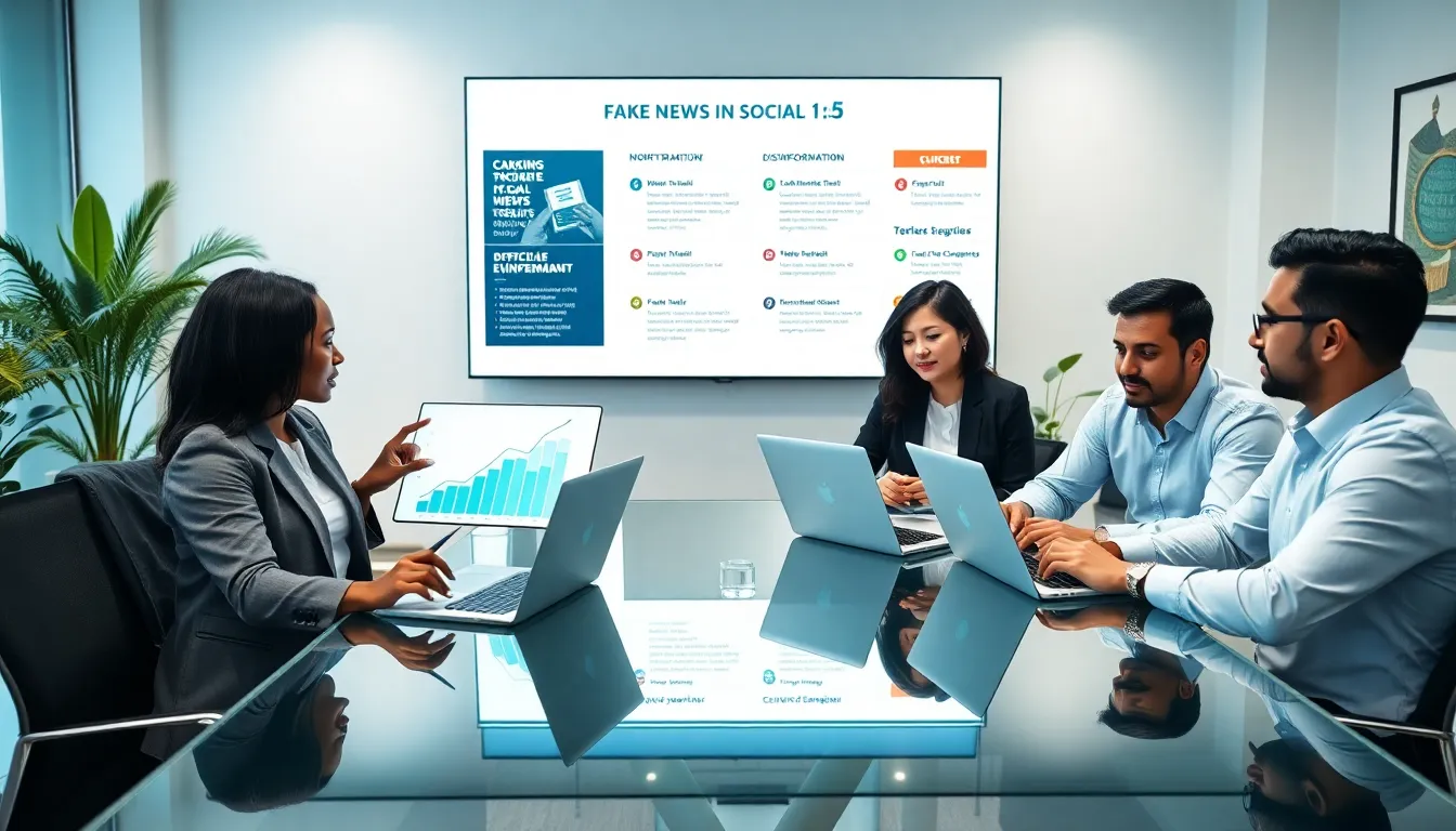 diverse professionals discussing social media and fake news in a modern office.