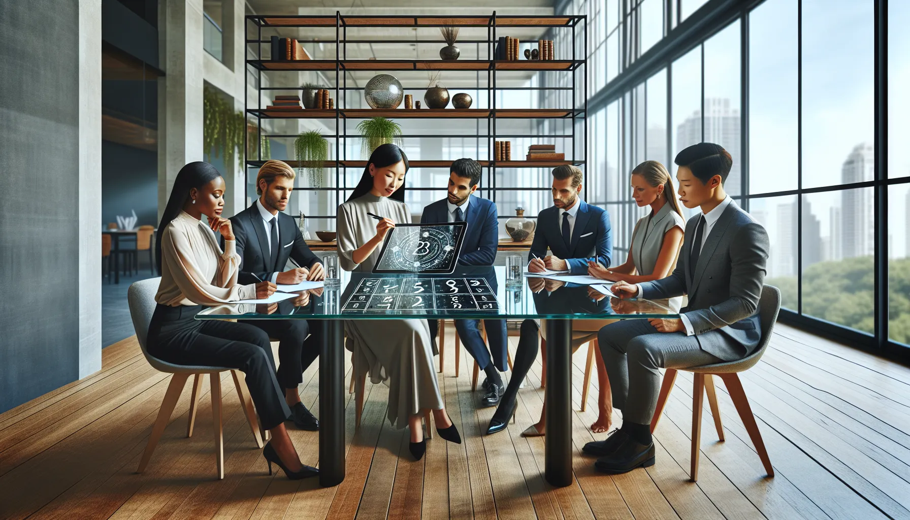 diverse team discussing numerology in a modern office.