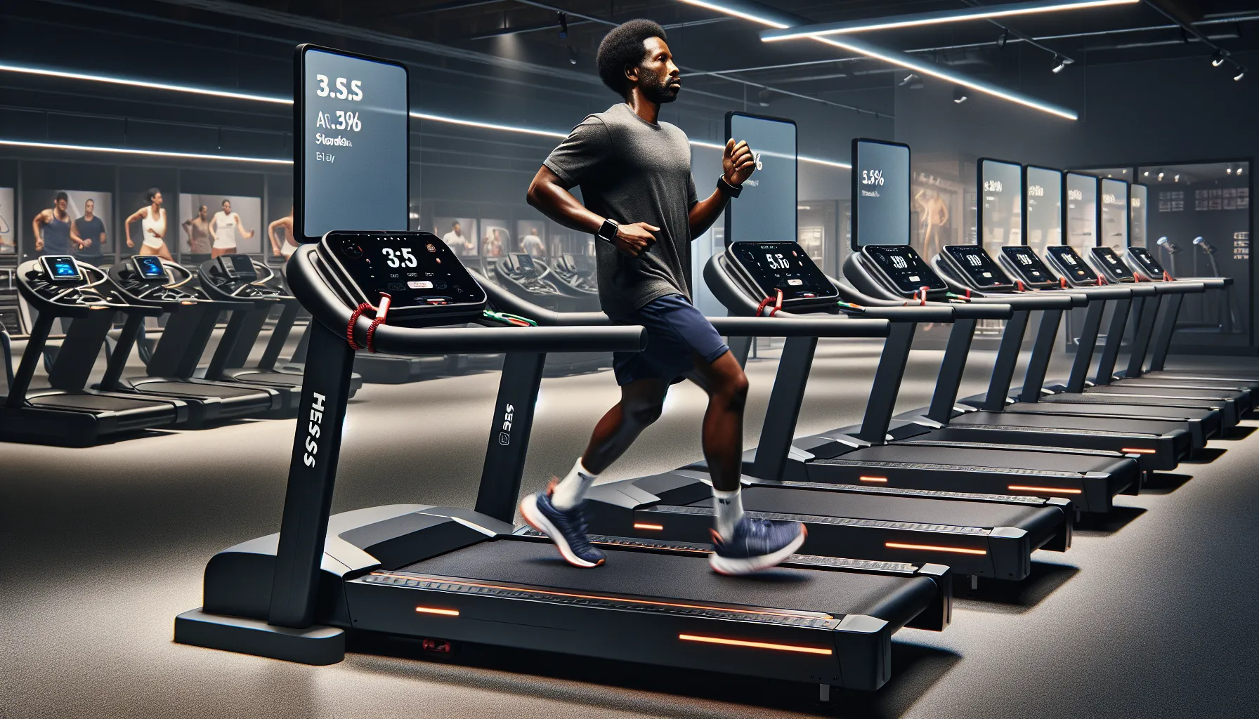 Plus-size man tests a heavy-duty treadmill beside cheaper models in a U.S. store.