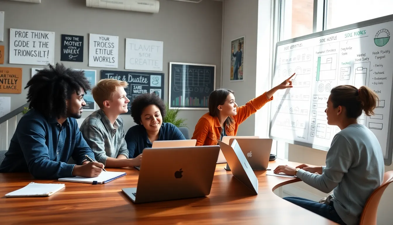 teens collaborating on side hustle ideas in a modern workspace.