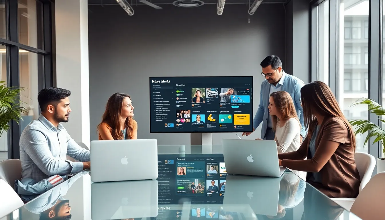 diverse professionals collaborating in a modern office with news alerts on screens.