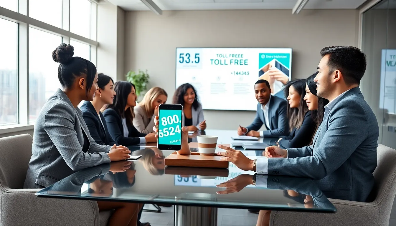 diverse professionals discussing toll-free numbers in a modern office.