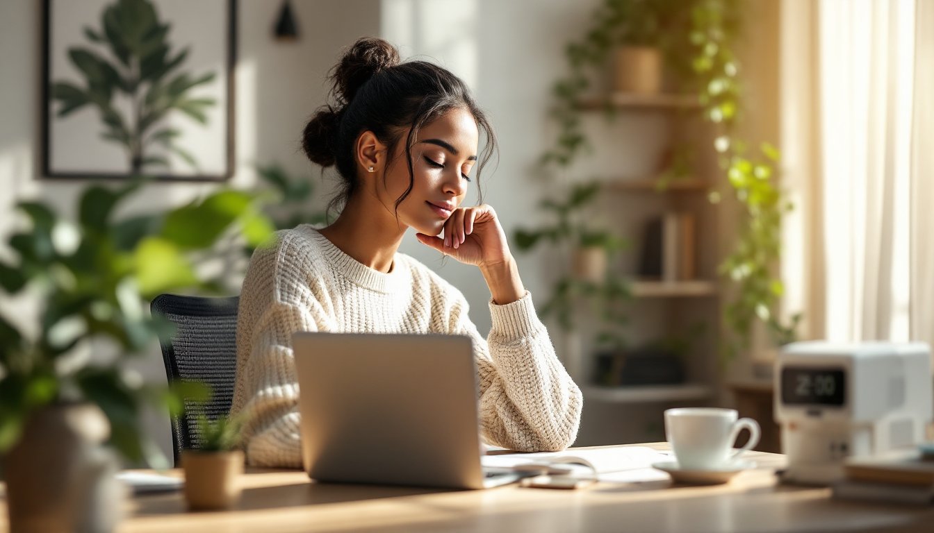 Woman palming her eyes at a desk during a screen break in a sunlit home office.