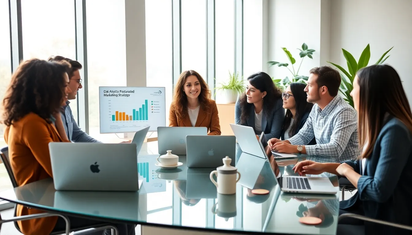 diverse team discussing trends in a modern office setting.