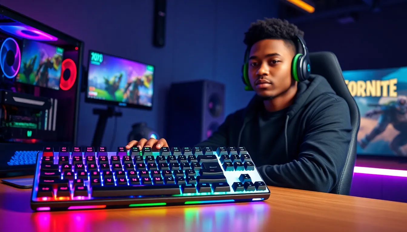 gamer using a mechanical keyboard in a vibrant gaming setup.