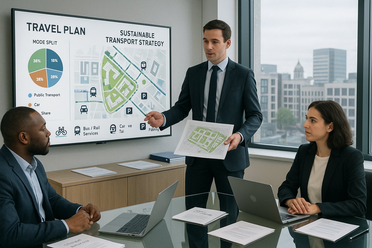 Travel consultant presenting a sustainable transport plan in a modern UK office.
