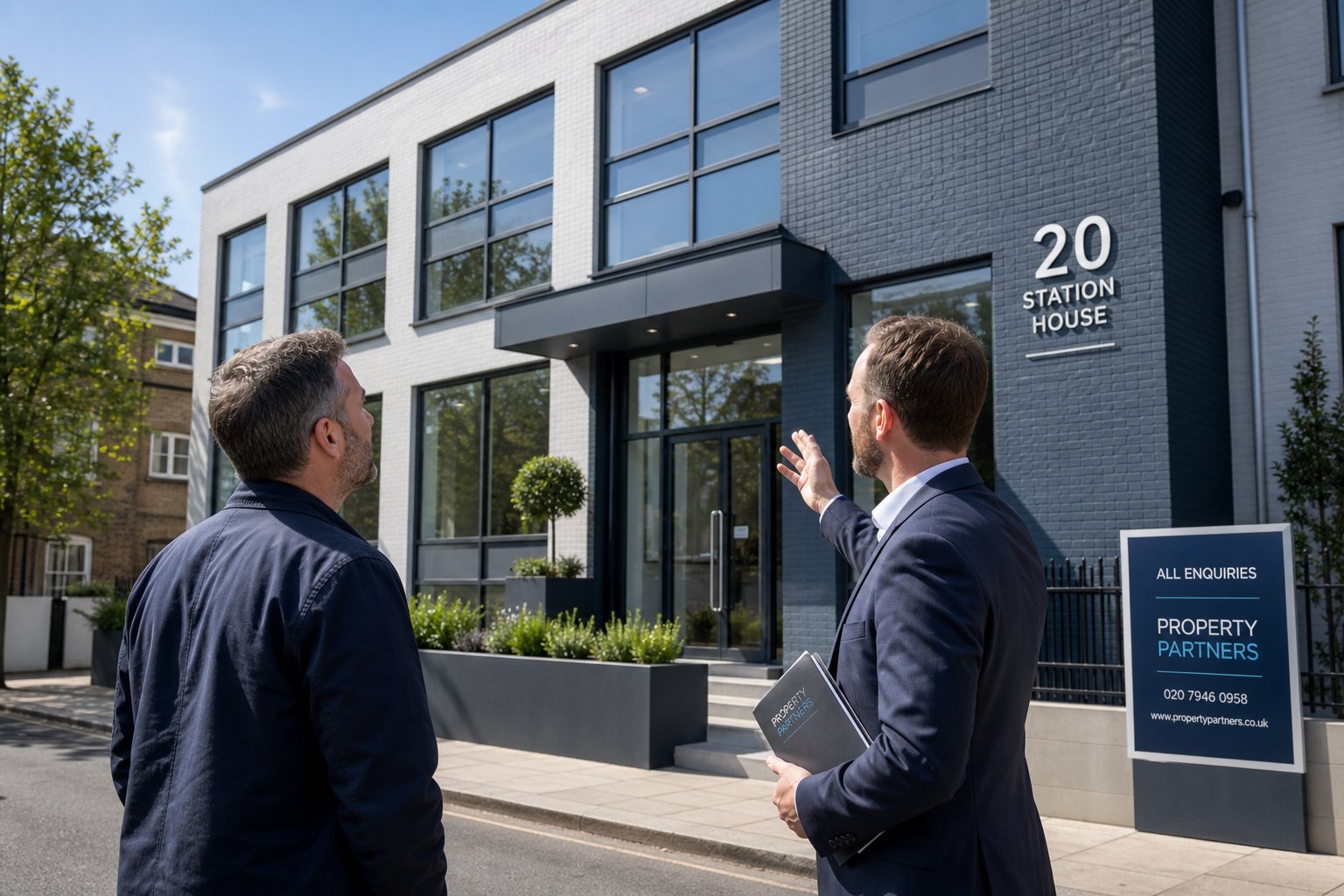 Business owner and property professional inspecting an office building exterior.