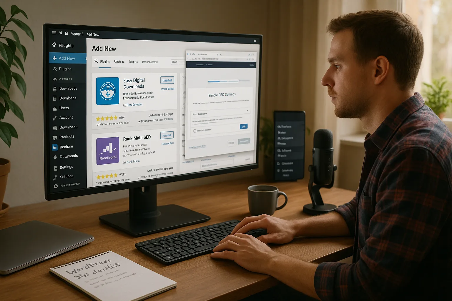 Person configuring RankMath and Easy Digital Downloads plugins in a WordPress dashboard.
