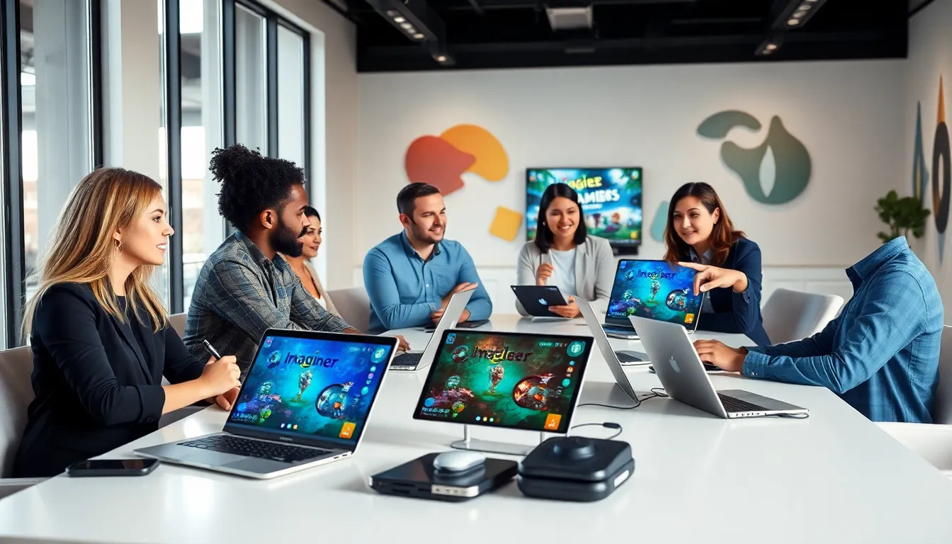 team collaborating on game designs at a modern workspace.