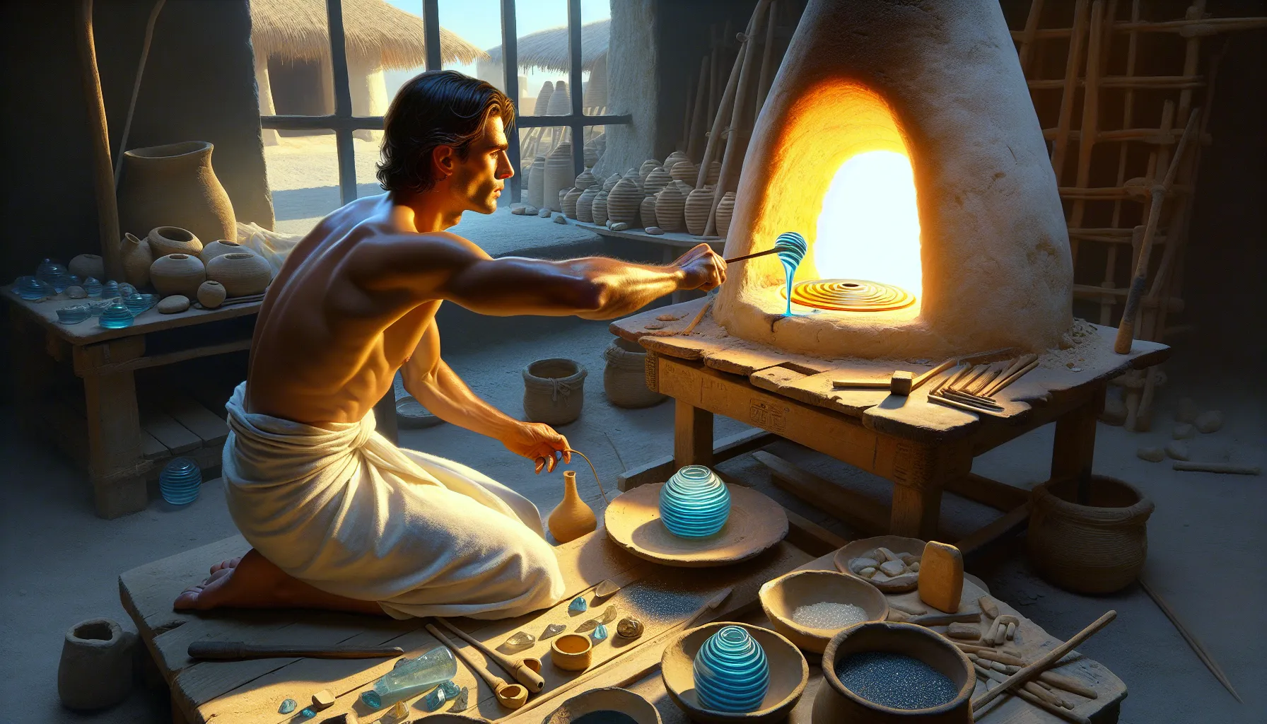 Ancient egyptian artisan core-forming a striped glass perfume flask by furnace.