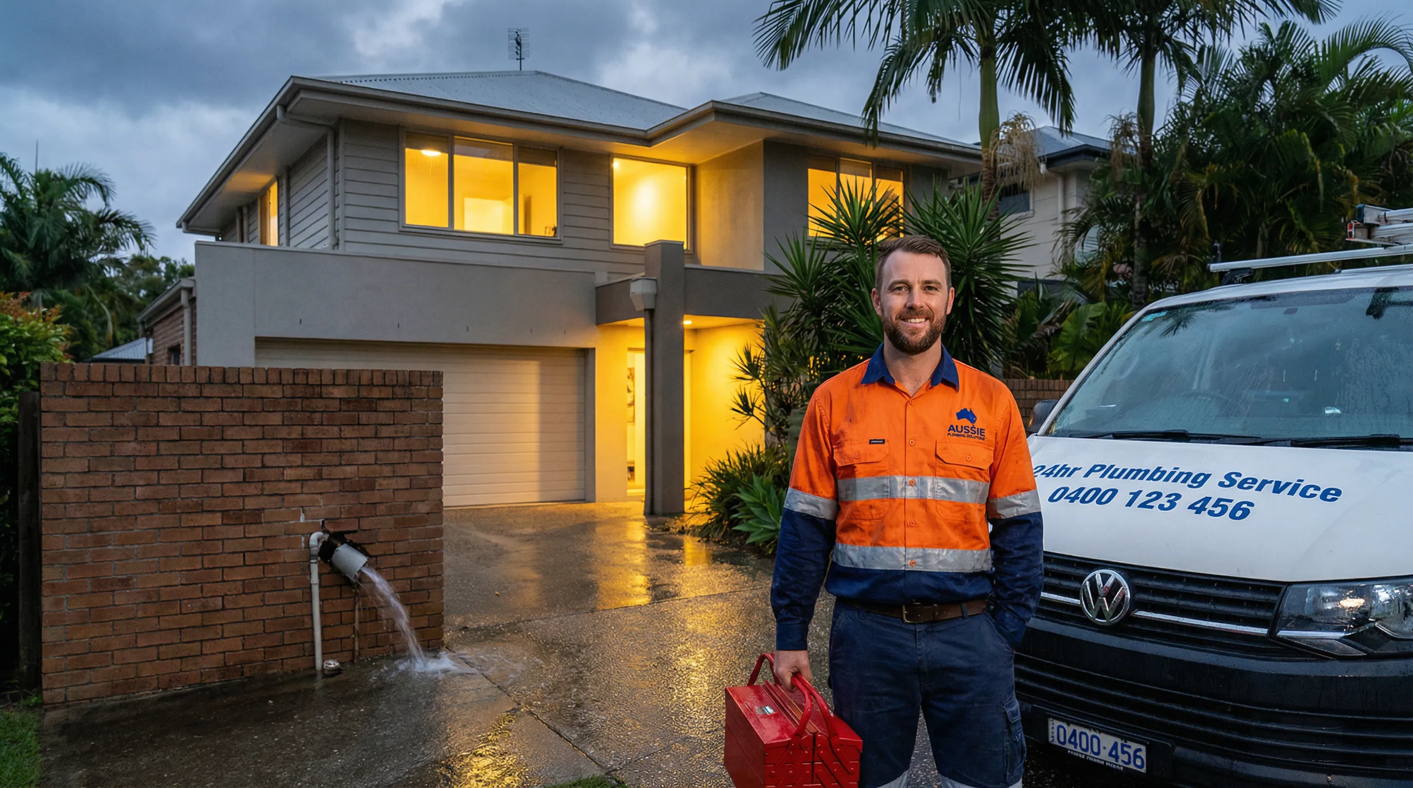 Plumber beside van at Brisbane home after rain, ready for emergency call.