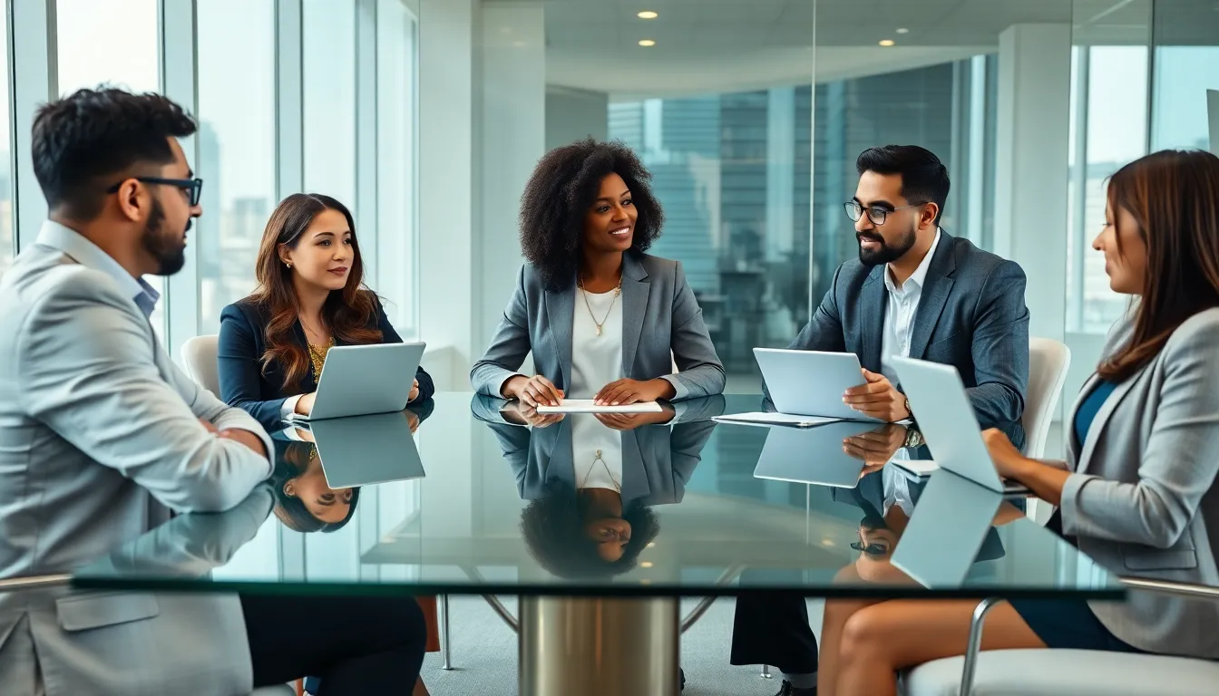diverse team discussing customer service in a modern office.