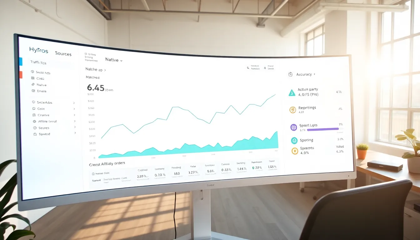 Marketer reviews Hyros affiliate attribution dashboard with color-coded performance scorecard in office.