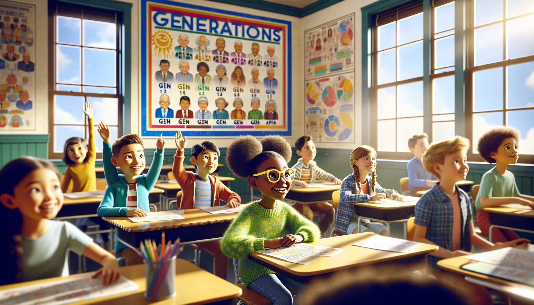 children discussing generations in a colorful classroom.