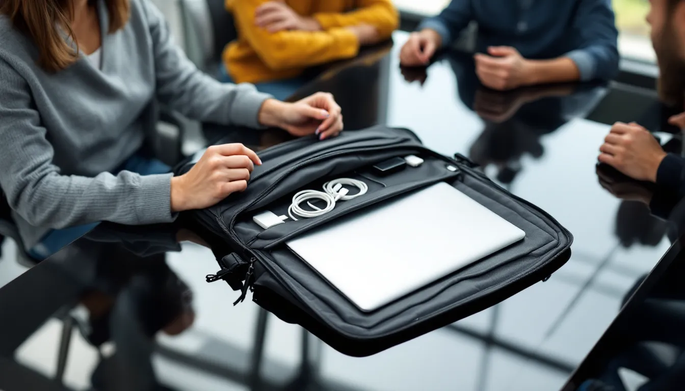 Professionals with a tech-ready tote bag in a modern office setting.