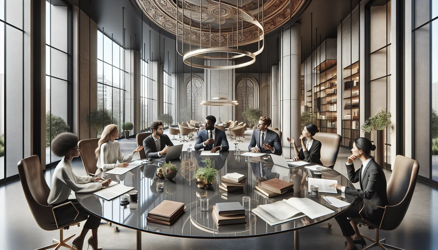 diverse professionals discussing the philosophy of Ikogeinps in a modern office.