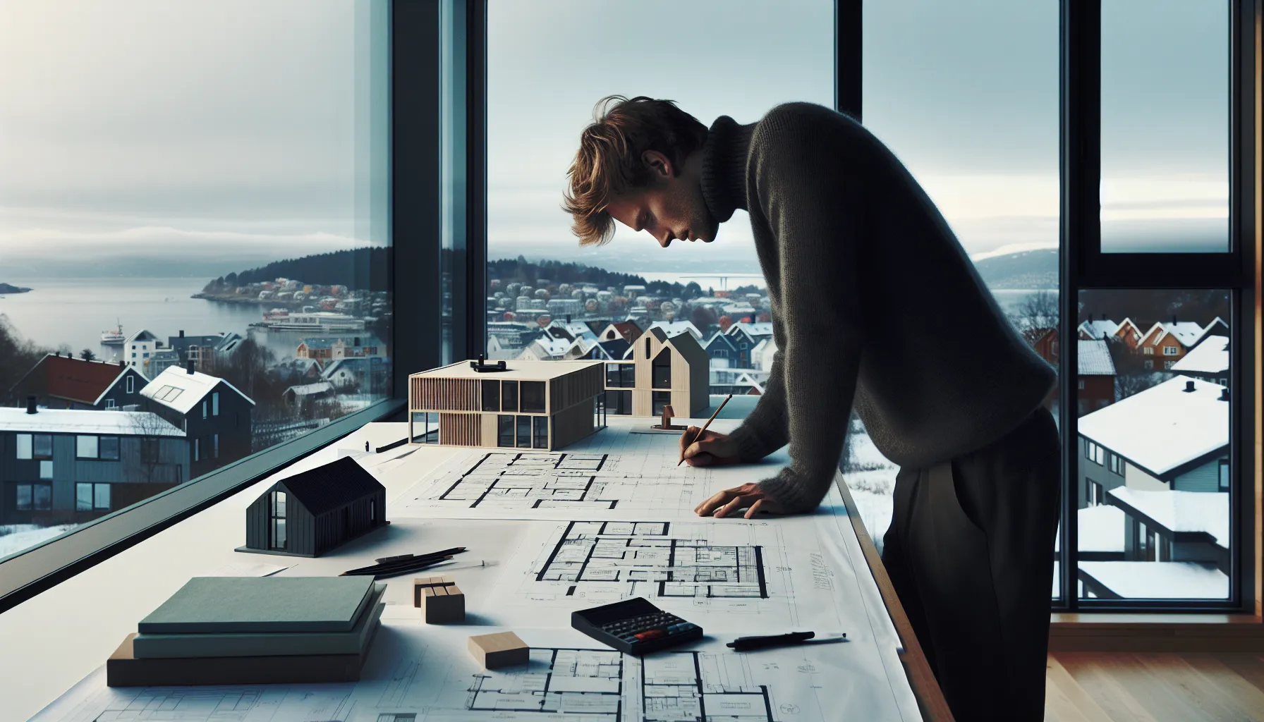 Norwegian architect working on detailed, legally protected house plans in a bright studio.