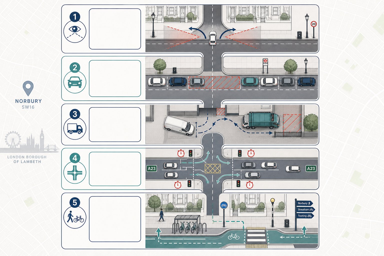 Infographic of five main planning and highway issues affecting Norbury sites.