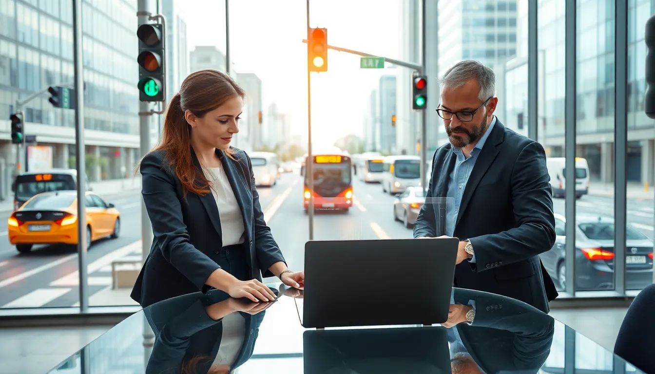 professionals collaborating on IoT transportation data in a modern office.
