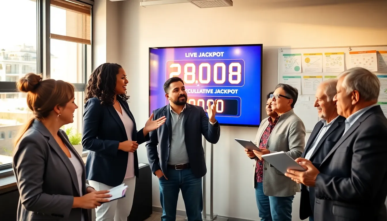 diverse group discussing accumulative jackpots in a modern real estate office