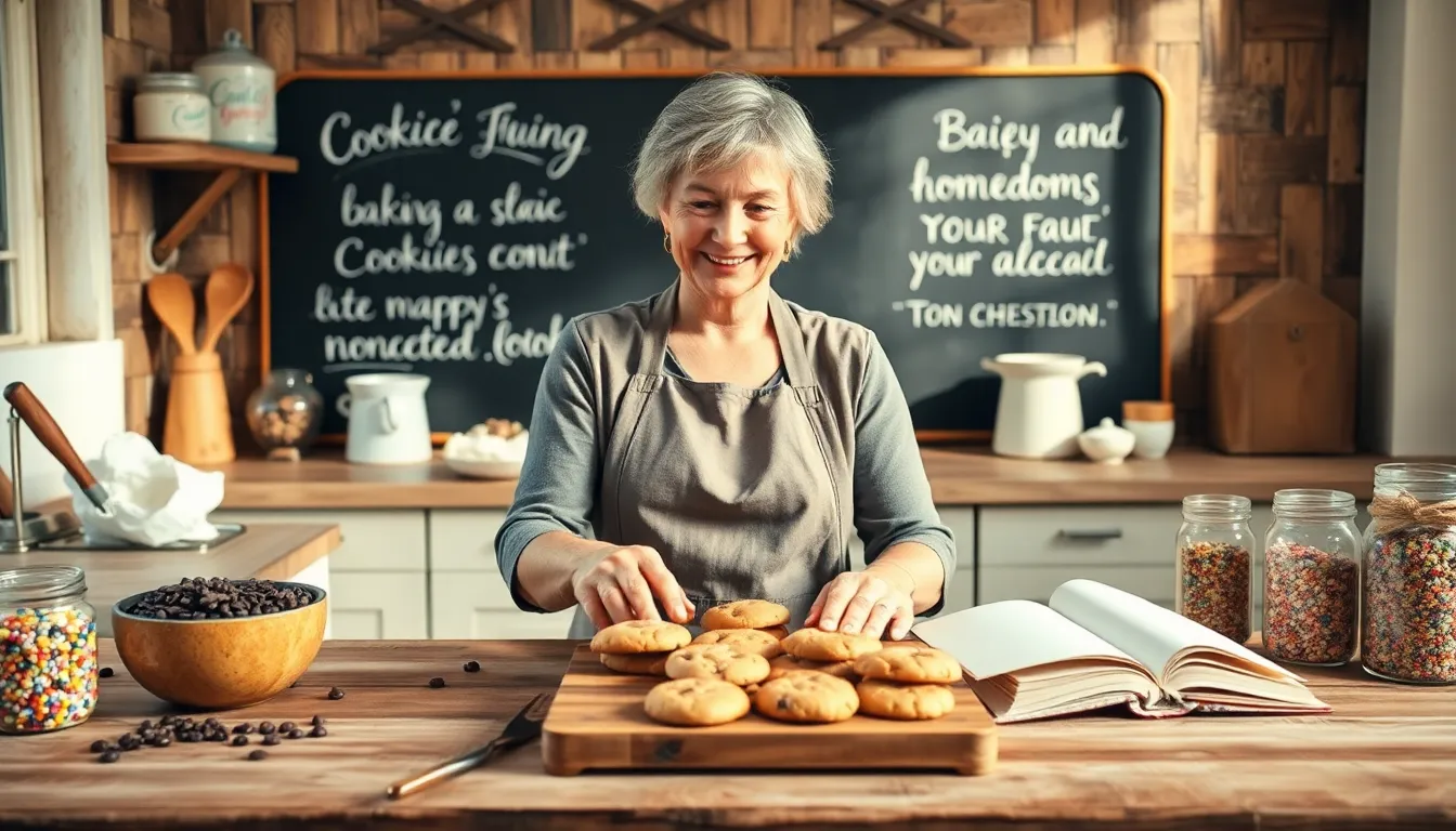 a baker joyfully making cookies in a warm kitchen setting.