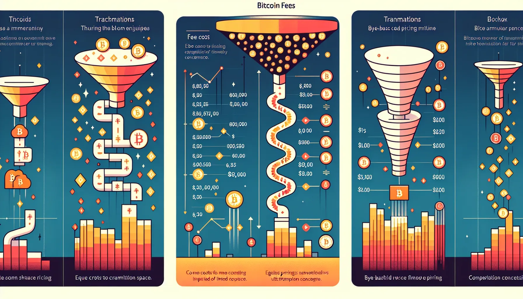 Infographic showing Bitcoin transaction congestion, byte-based fees, and rising costs during network demand.