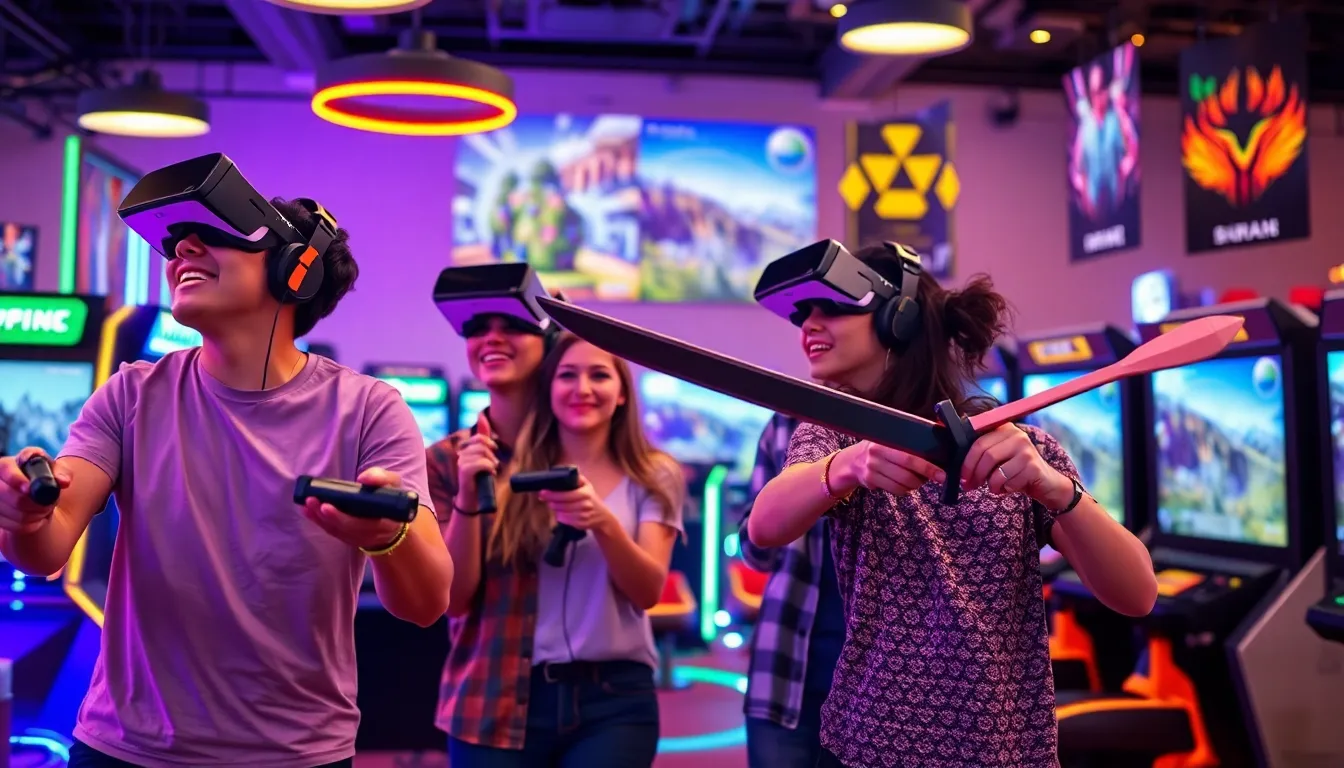 group of friends enjoying virtual reality games in an arcade.