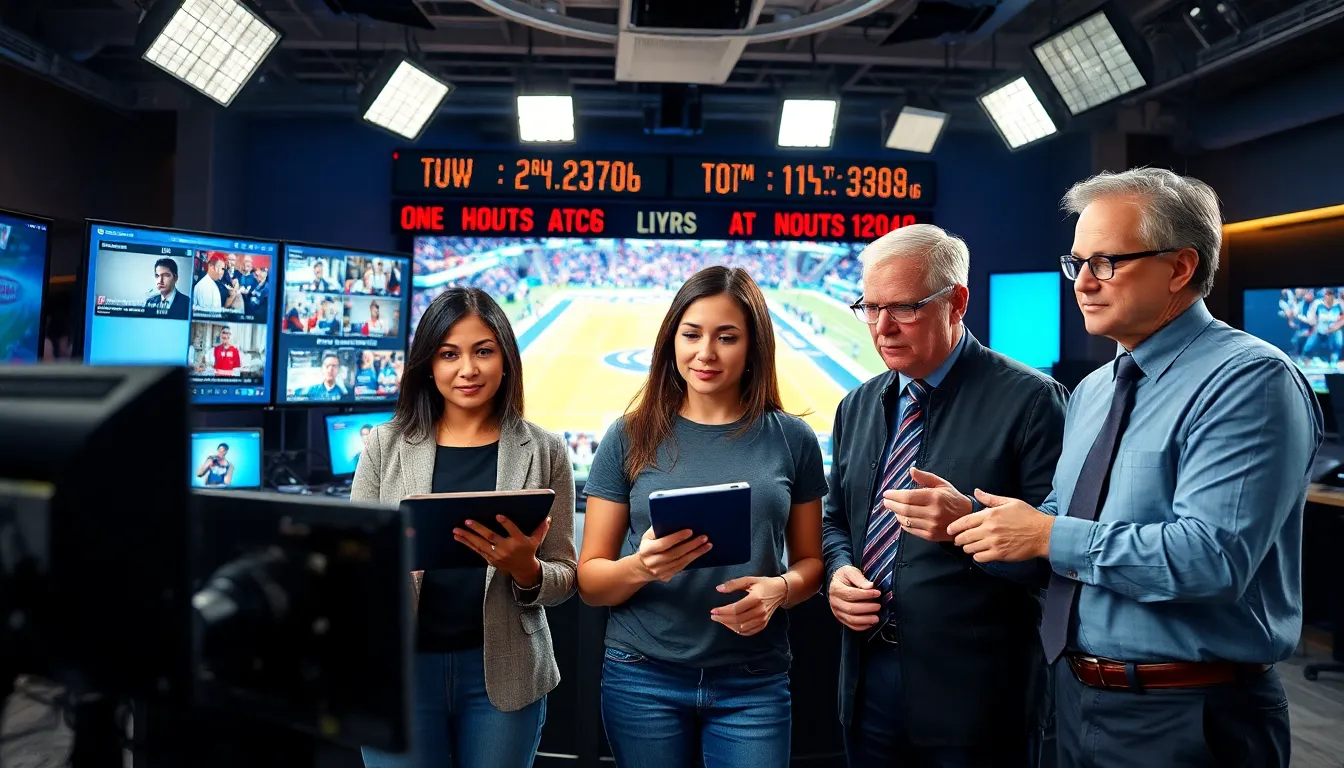 a busy newsroom with journalists reporting live sports coverage and using technology.