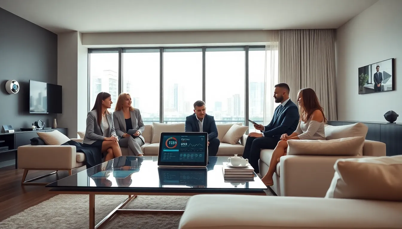 professionals discussing smart home technologies in a modern living room.