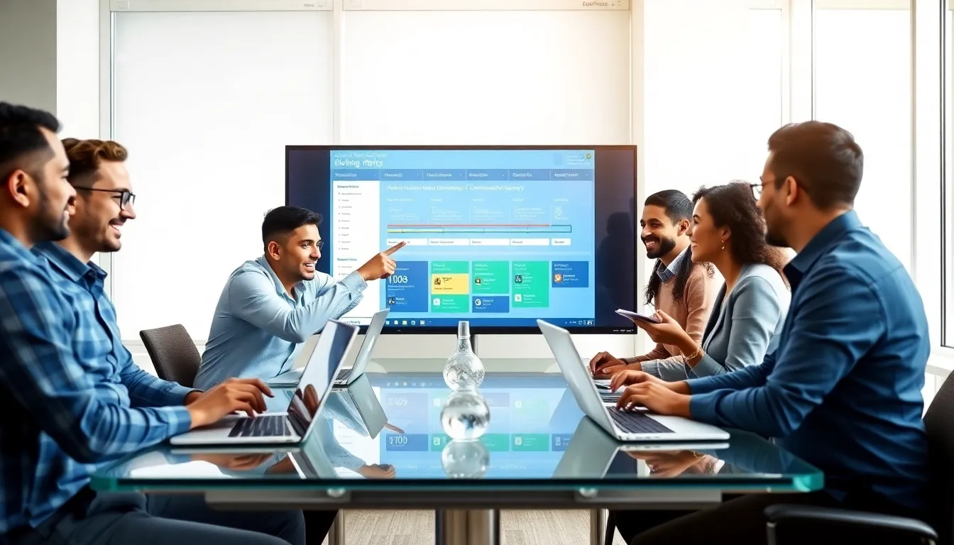 diverse team collaborating on Azure DevOps pipelines in a modern office.