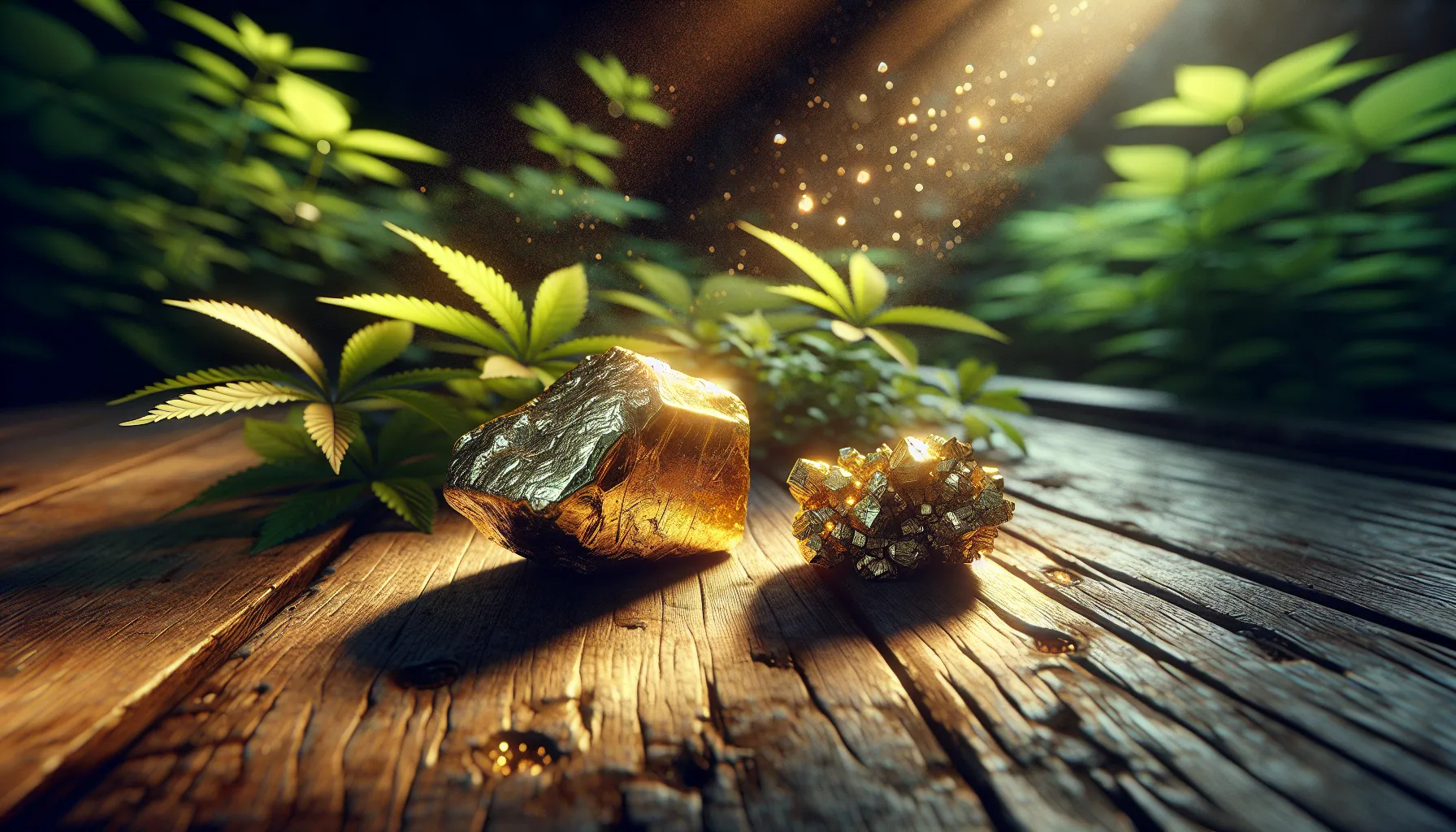 gold and pyrite specimens displayed on a wooden table outdoors.
