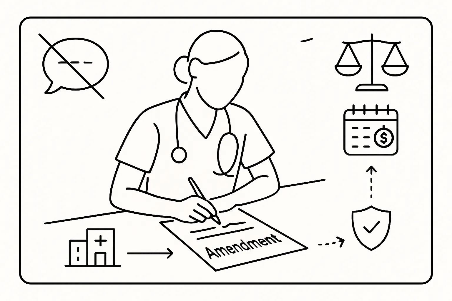 NP signing a written contract amendment with legal and calendar icons.