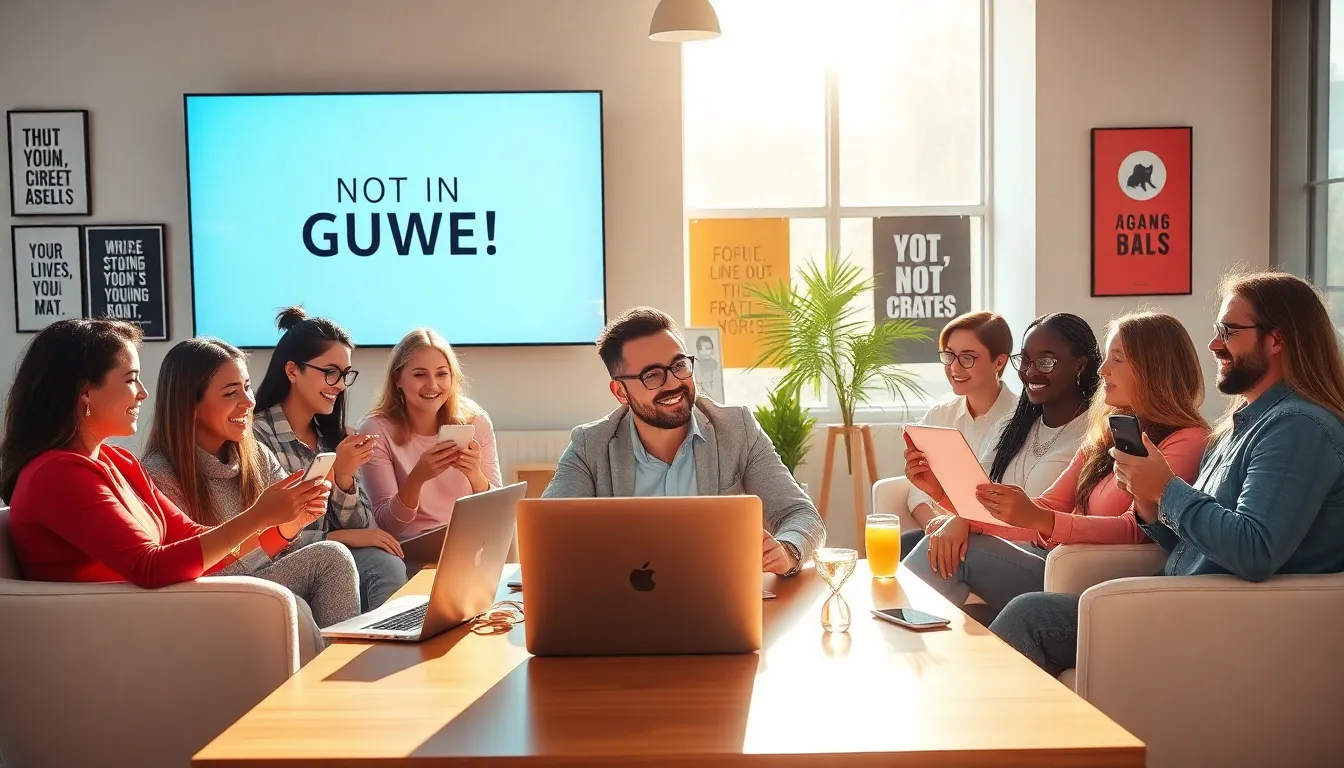 professionals sharing motivational GIFs in a bright office.