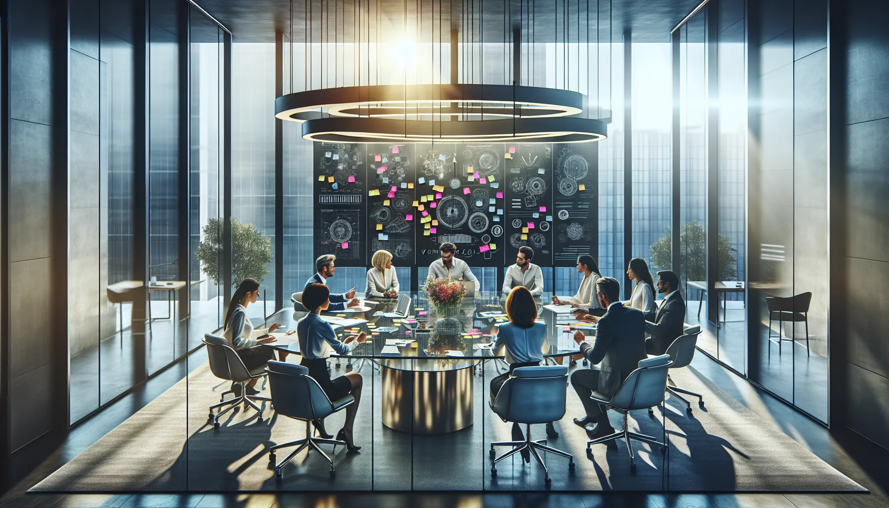 diverse team brainstorming in a modern conference room.