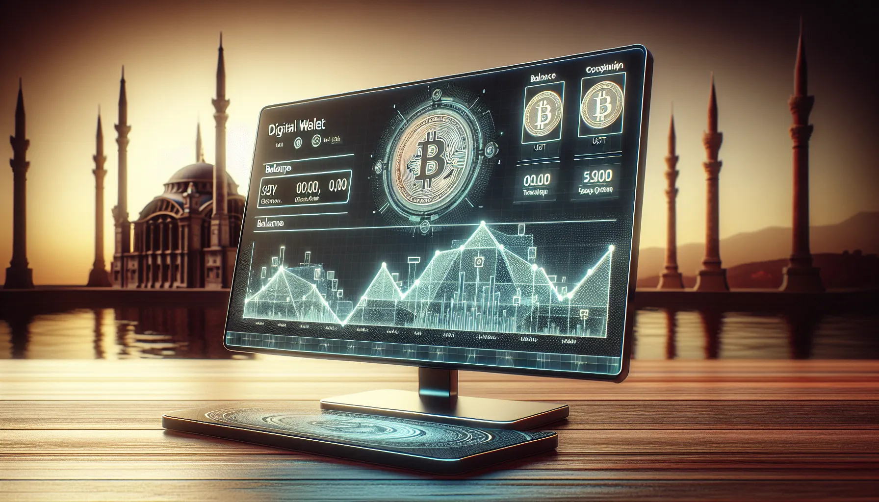 Digital wallet displaying USDT balance with Turkish architectural elements in the background.