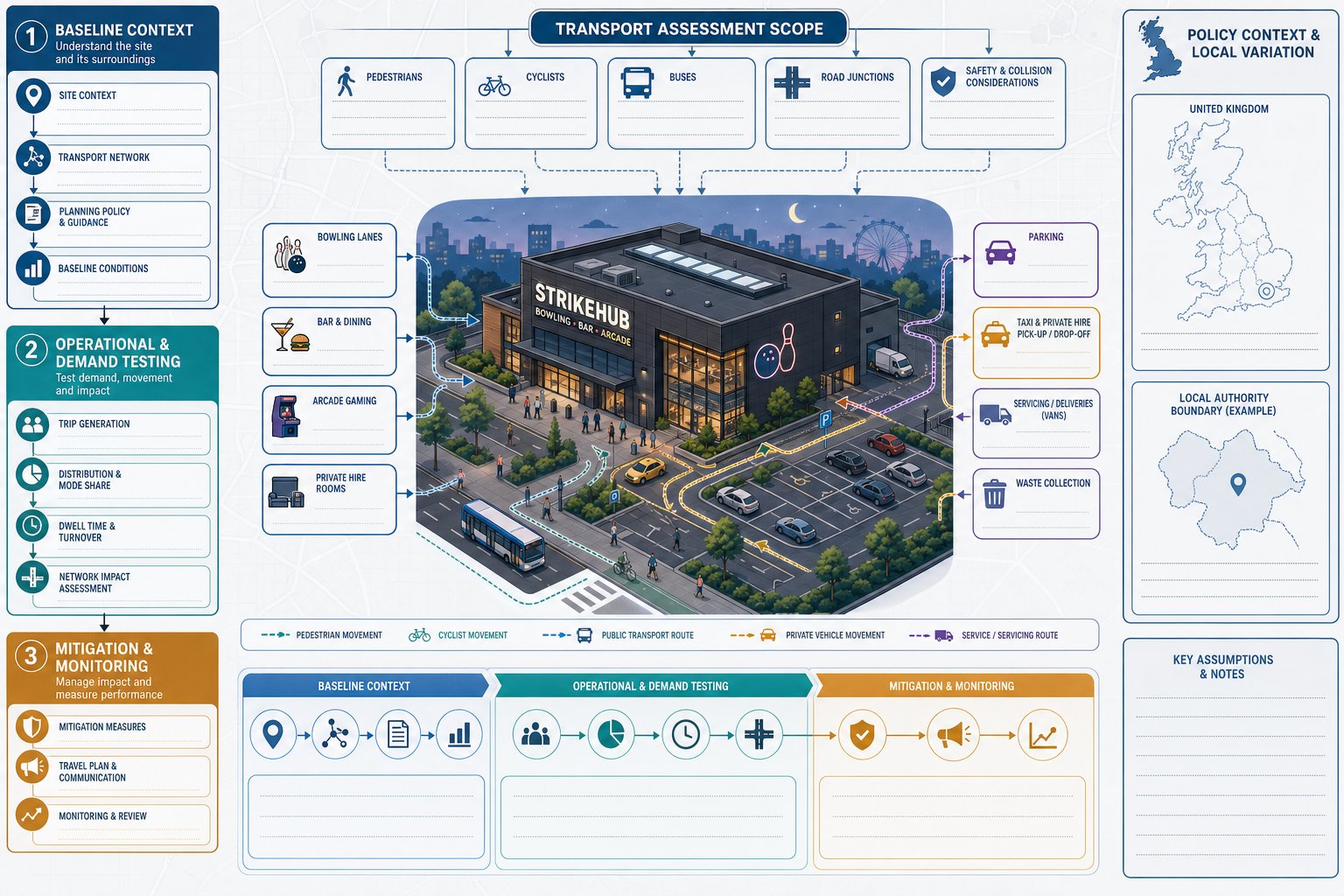 Infographic of a bowling venue transport assessment with access, parking, and travel factors.