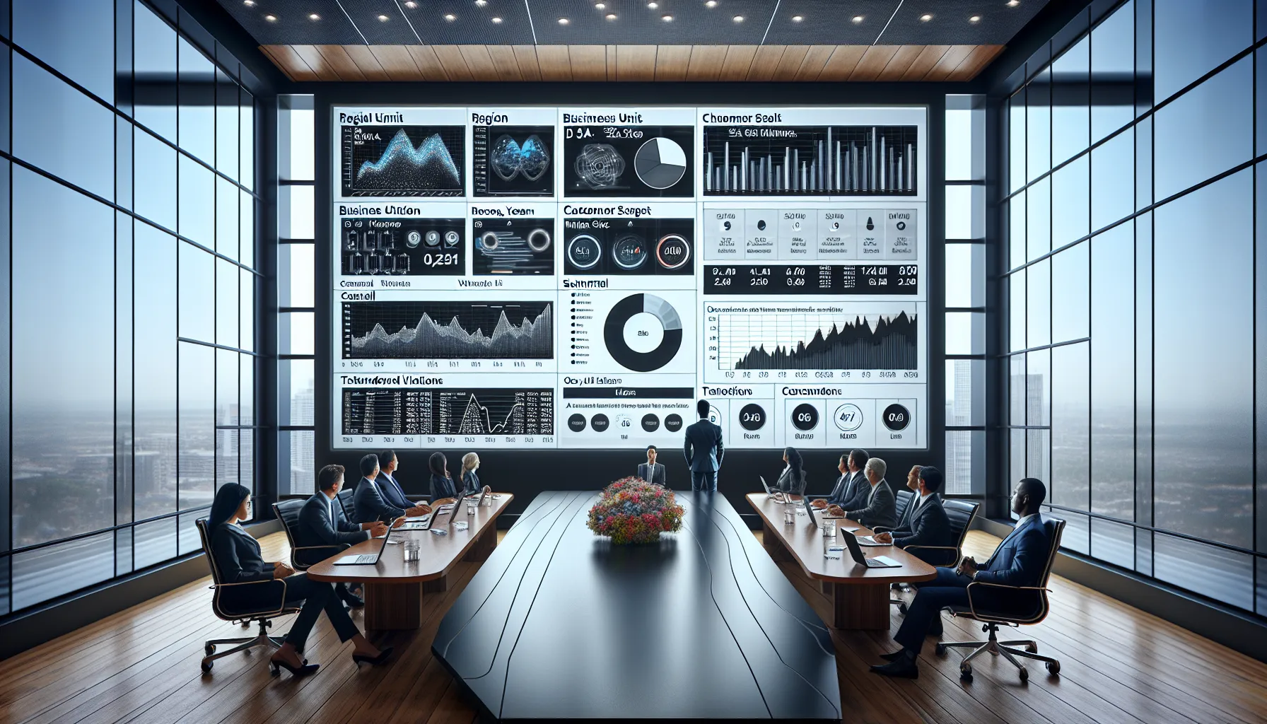 Executives review interactive Tableau dashboards with KPIs, comparisons, and alerts in a modern office.