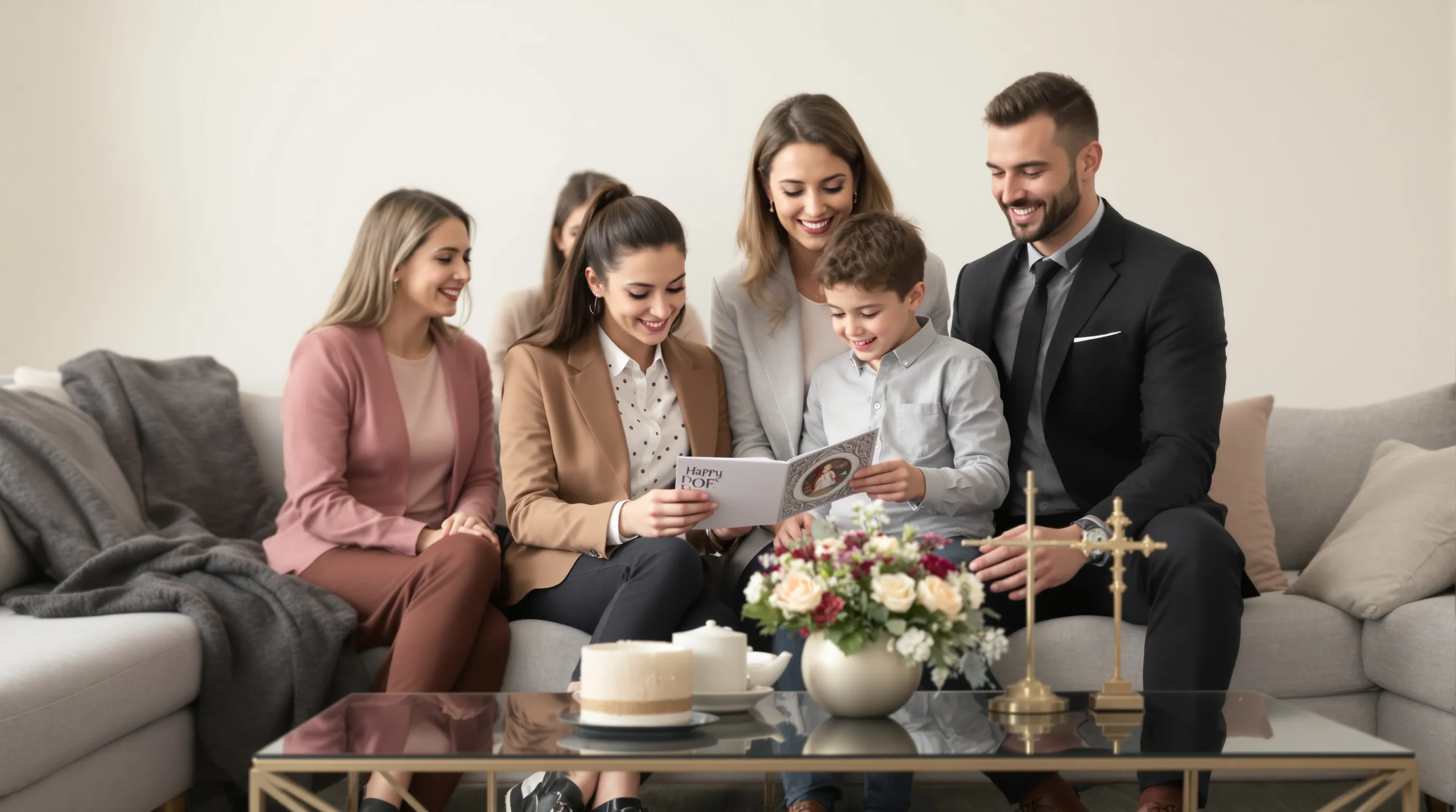 Family sharing a heartfelt confirmation card at home.