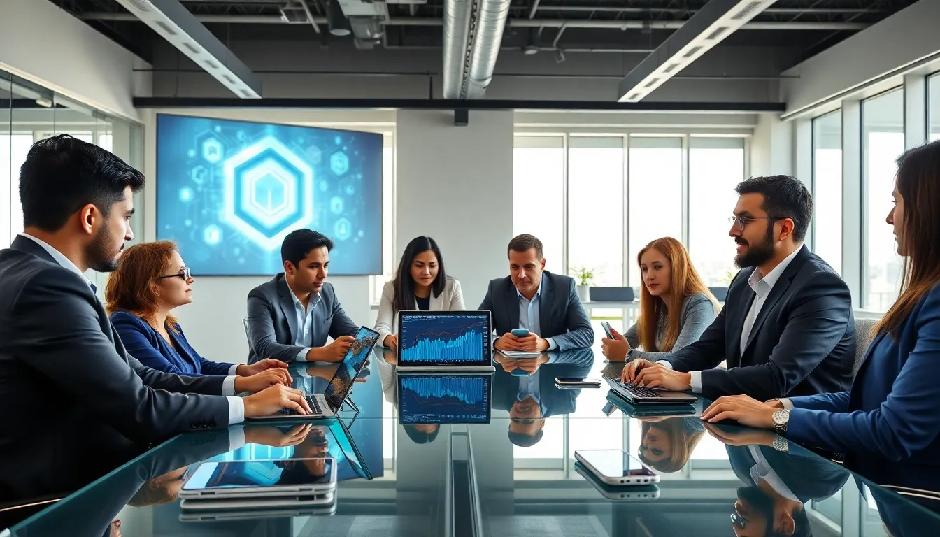 diverse professionals discussing fintech innovations in a modern office.