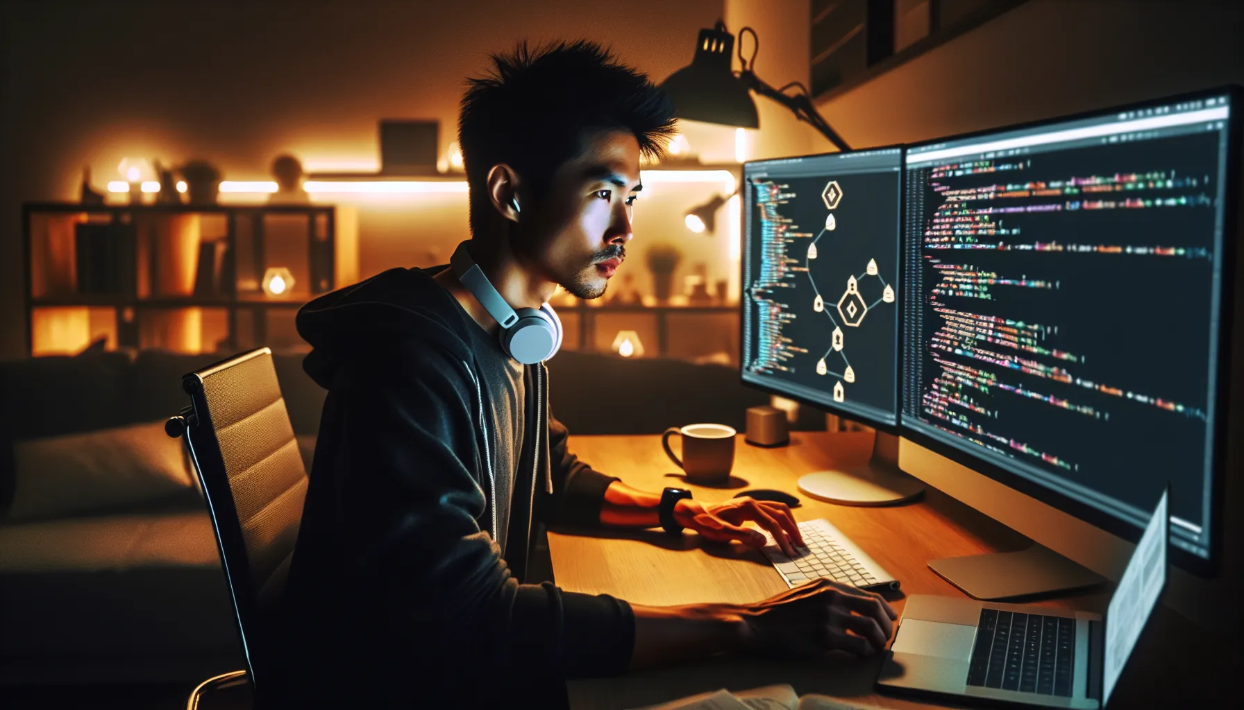 Blockchain auditor examining smart contract code on computer screen in modern home office.